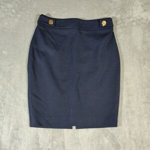 Express Skirt Womens 4 Blue‎ Gold Button Accents Business Casual Pencil Style